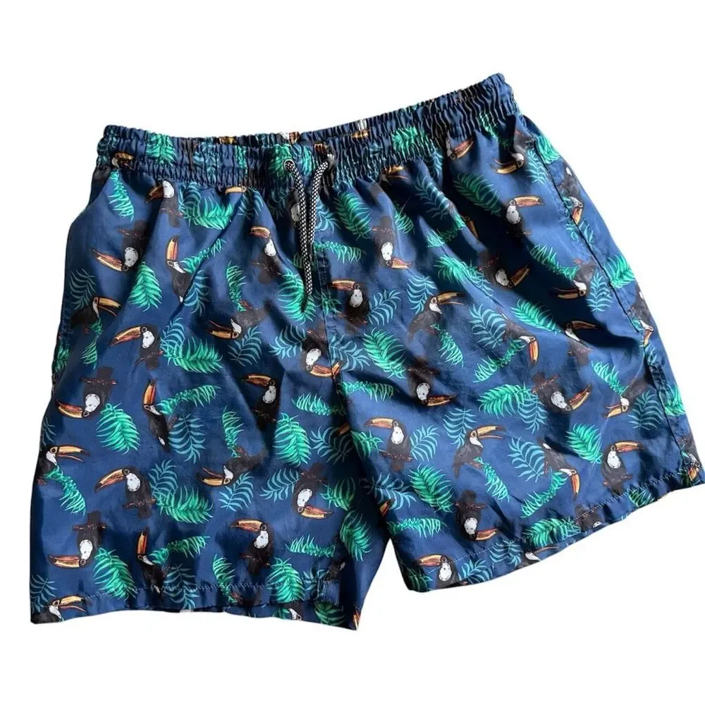 Mens Ennea Parrot Palm Print Swimming Swim Trunks Biard Shorts - Sz L